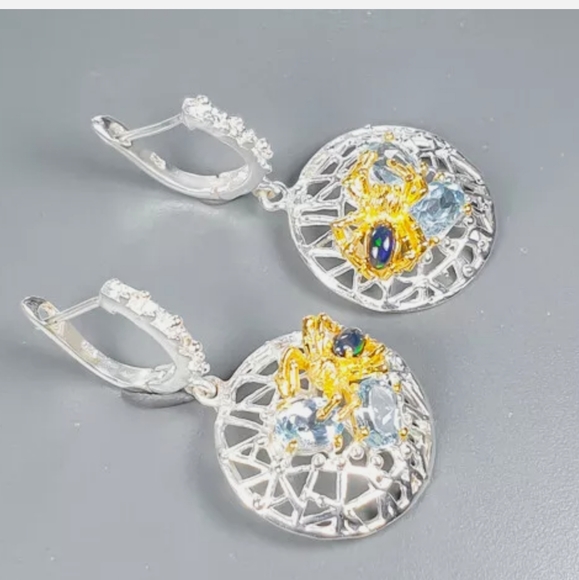 Black Opal & aquamarine sterling/gold spider earrings - Picture 7 of 11